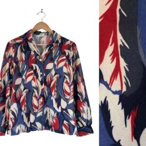 Vintage Feather Print Blouse 1970s Button Front Collared Red white blue Medium